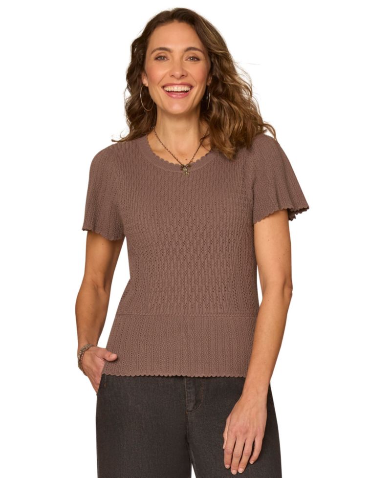 Petite Flounce Crochet Round Neck Sweater