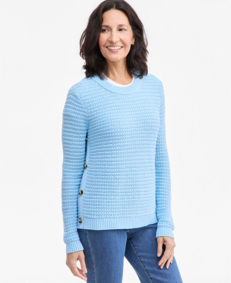 Plus Crewneck Ribbed-Knit Side-Button Sweater