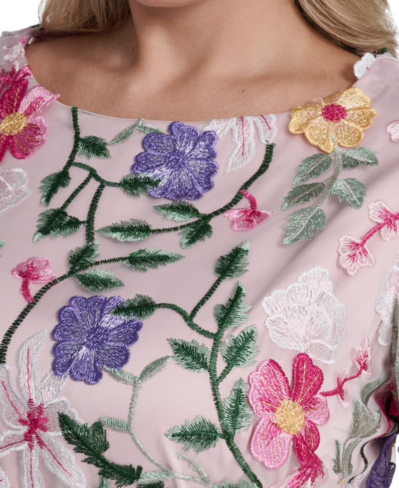 Petite Boat Neck Floral Embroidered Mesh Dress