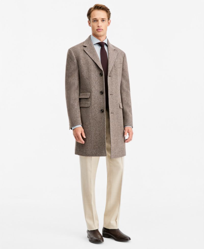 Men's Modern-Fit Taupe Mix Melange Overcoat