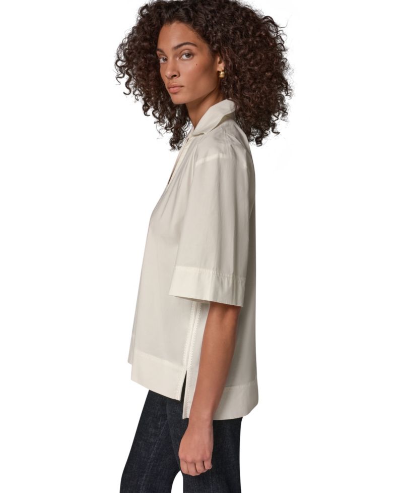 Women's Poplin Short-Sleeve V-Neck Collared Blouse