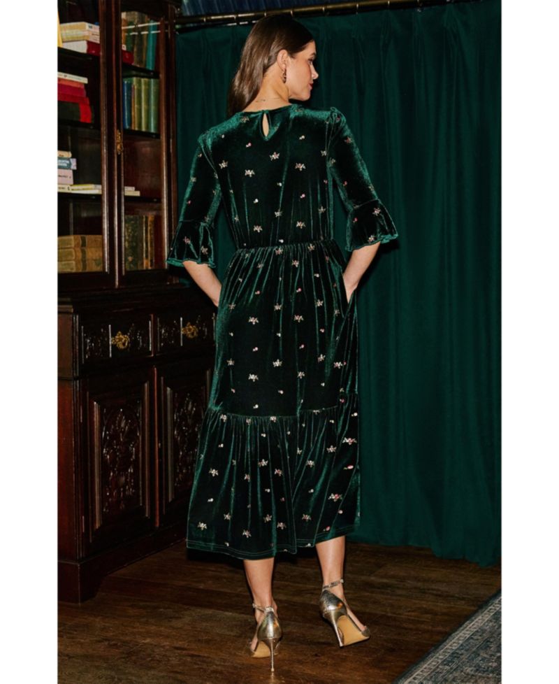 Women's Velvet Embroidered V-Neck Midi Dress