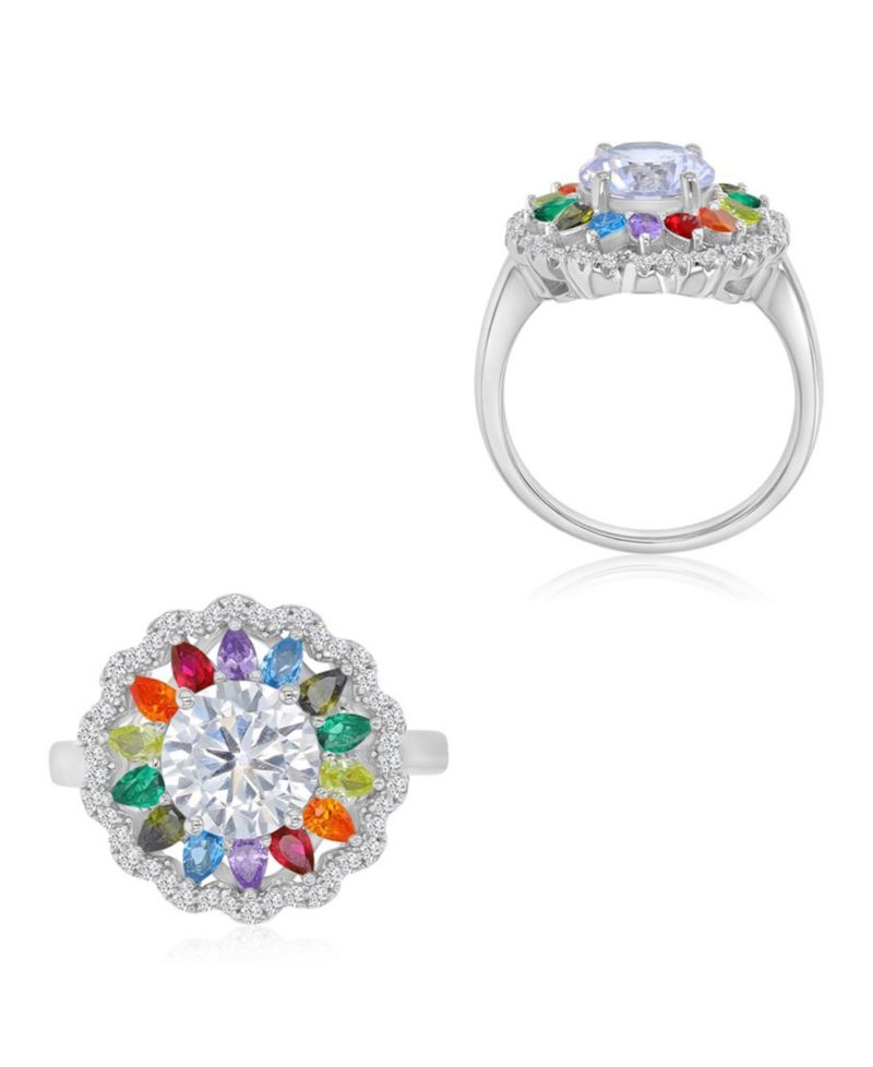 Multicolor Cubic Zirconia Large Flower Ring in Rhodium Over Sterling Silver