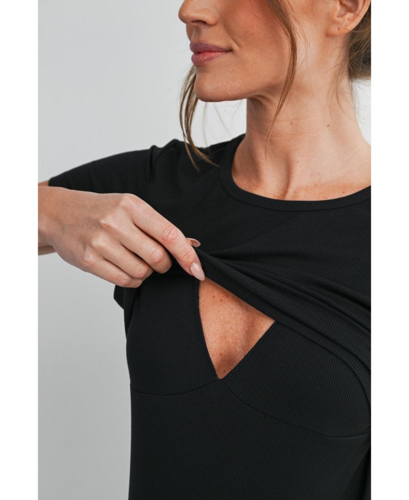 Maternity Nursing Ribbed Short-Sleeve Crewneck Top with Lift-Up Panel