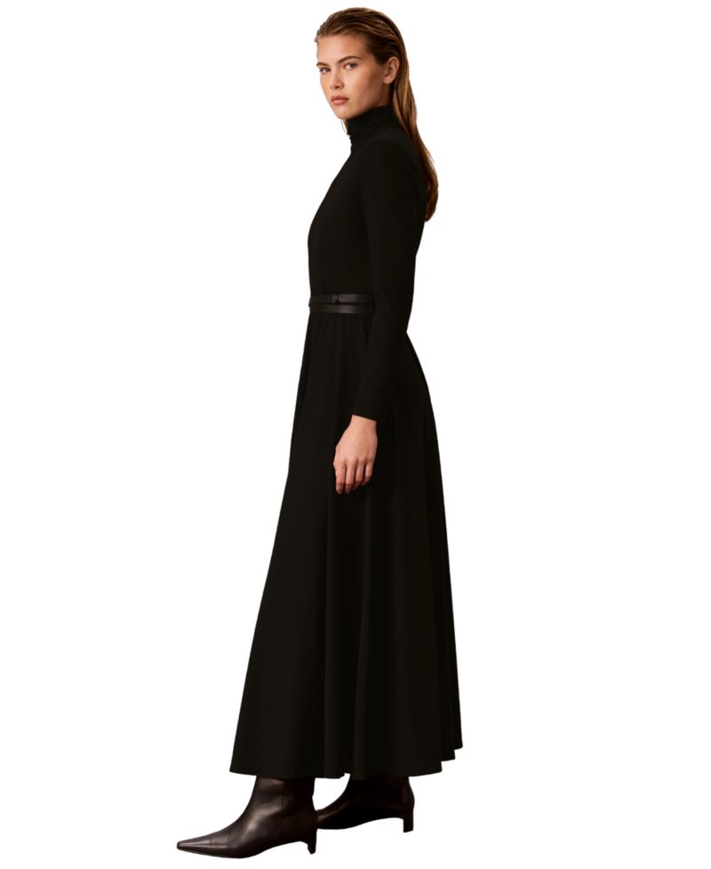 Petite Belted Long-Sleeve Turtleneck A-Line Dress
