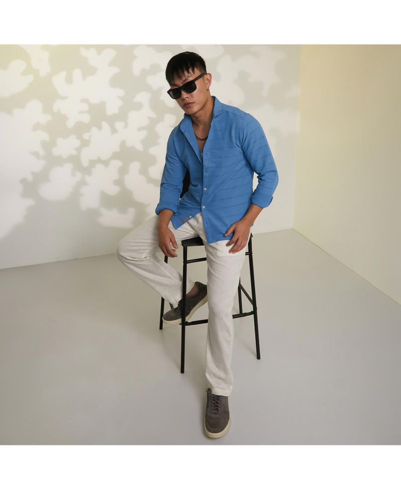 Men's Sky Blue Chevron-Textured Shirt