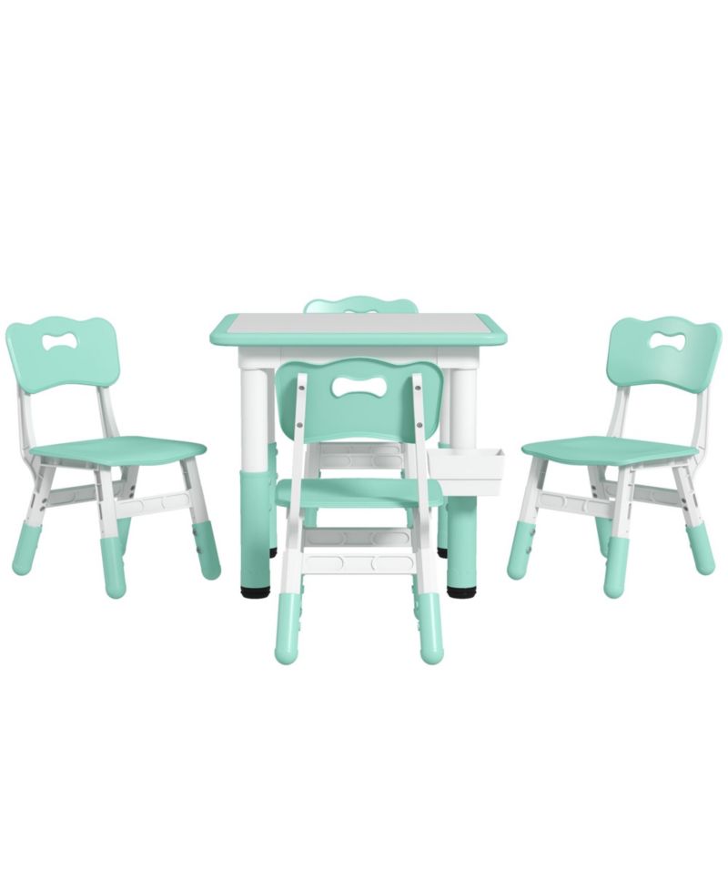 Kids Table and Chair Set Height Adjustable 5 Piece Toddler Table Set with Storage Box Easy Clean Activity Table with 4 Chairs for 18M 5Y Green
