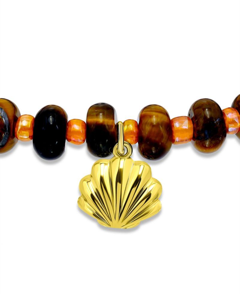 Tigers Eye Rondelle Beads and Clamshell Drop Charm Beaded Gold Plated Stretch Bracelet