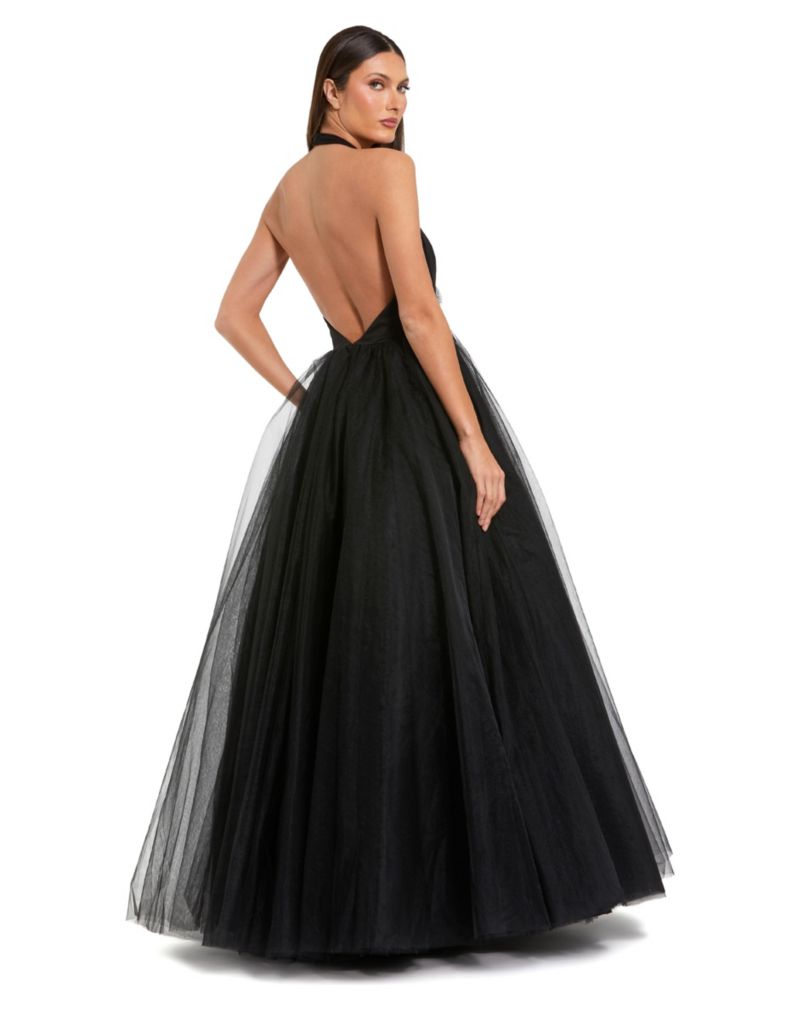 Women's Jersey Halter Ballgown with Tulle Skirt and Floral Detail