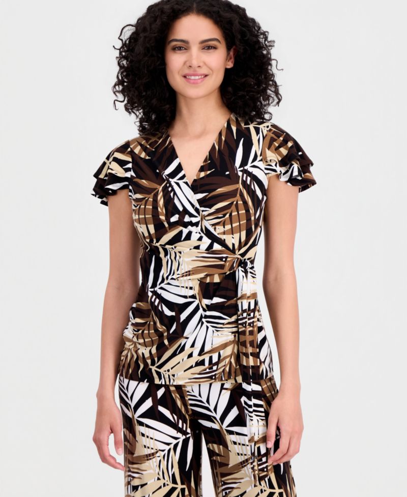 Women's Leo Palm-Print Flutter-Sleeve Wrap Top & Palm-Print Pull-On Wide-Leg Pants