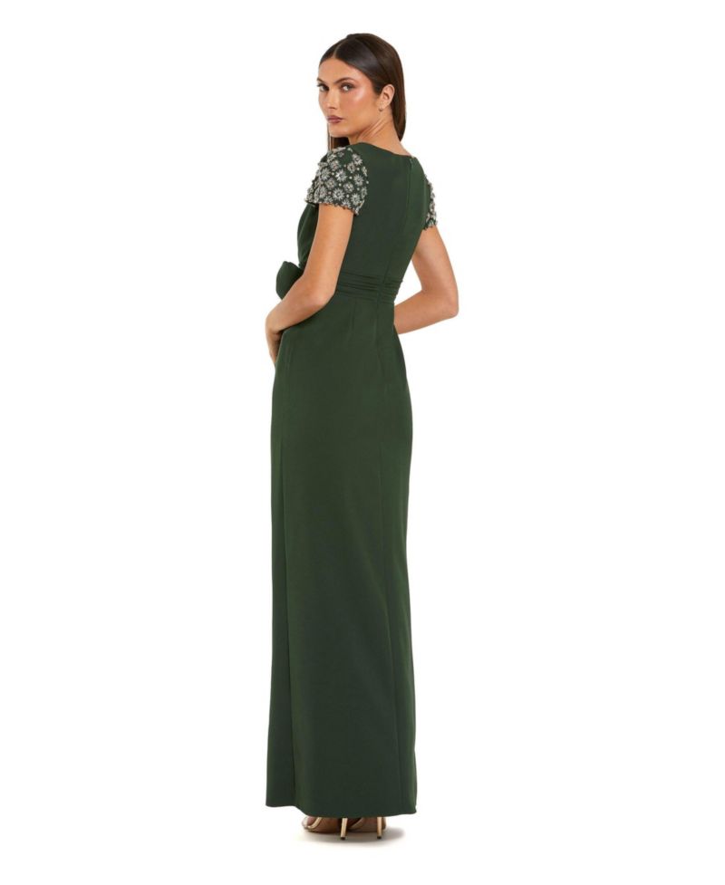 Women's Beaded Cap Sleeve Crepe Gown With Bow and Slit