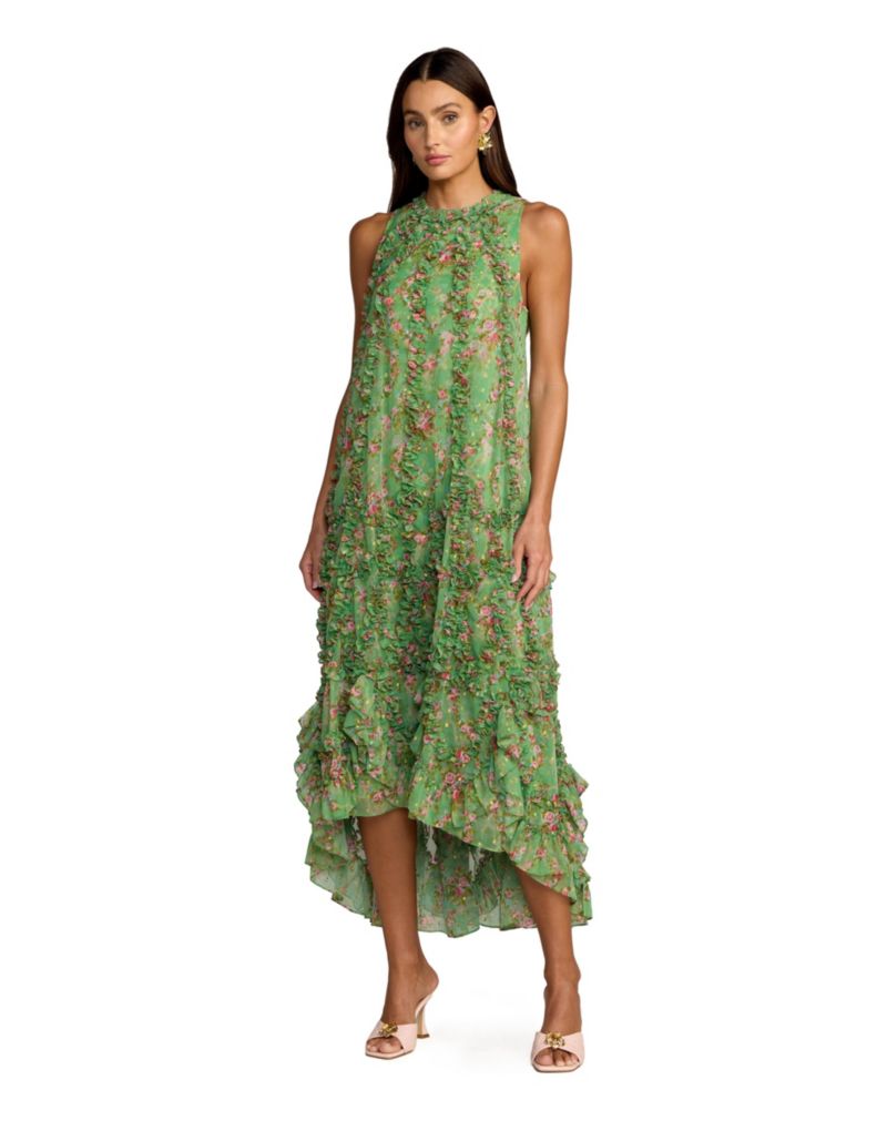 Women's Sleeveless Floral Chiffon Midi Dress with Ruffles
