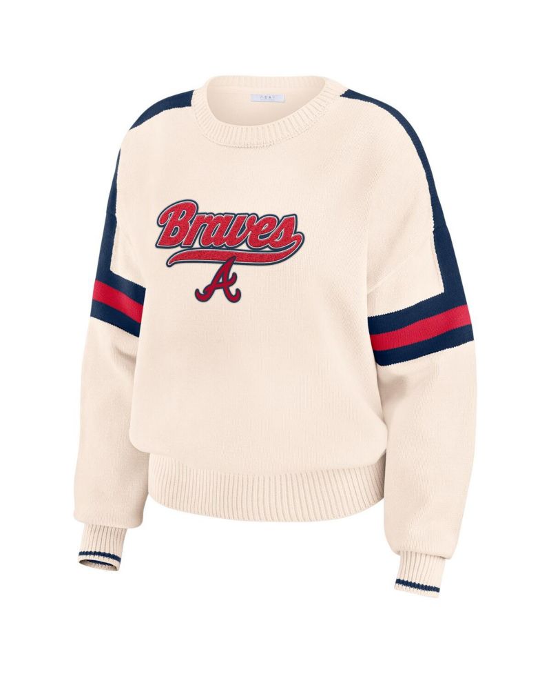 Women's Cream Atlanta Braves Stripe Pullover Sweater