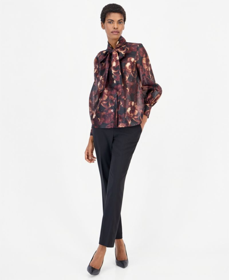 Women's Bow Neck Long Sleeve Floral Blouse