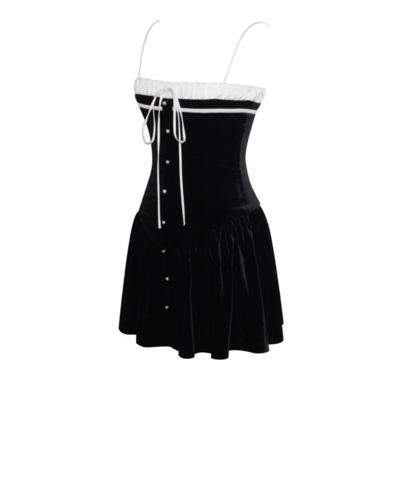 Women Olya Black and White Velvet A-Line Corset Mini Dress