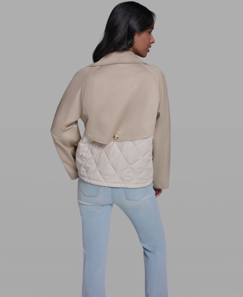 Women's Crop Trench Button-Sleeve Quilted Back Jacket