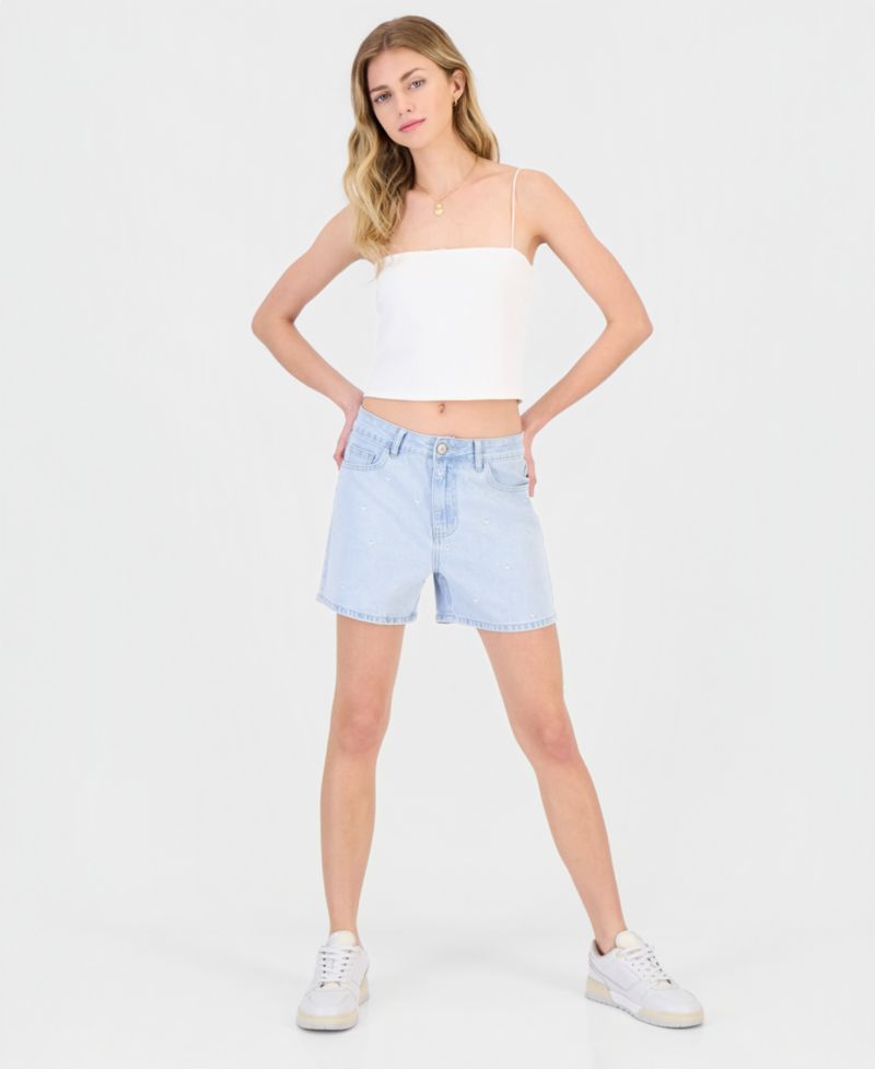 Juniors' Embroidered Hearts Denim Shorts