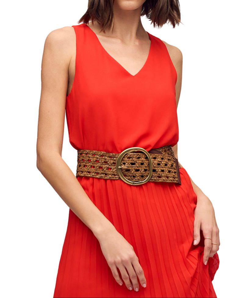 Women's Woven Leather Belt with Circular Center Bar Buckle