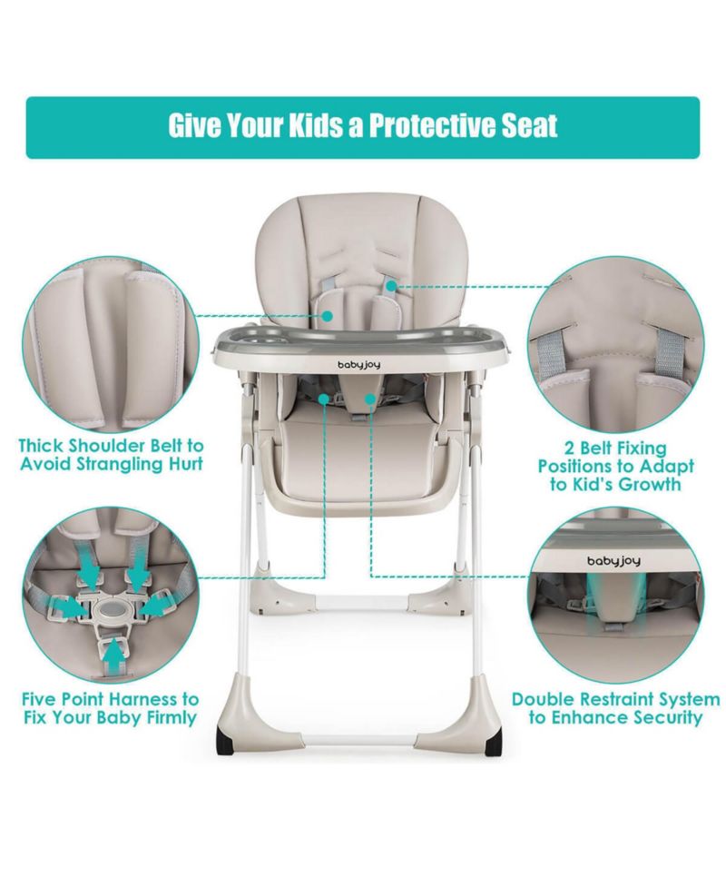 Baby High Chair w/ 7 Height and 3 Footrest Adjustable Cup holder 2 Wheels