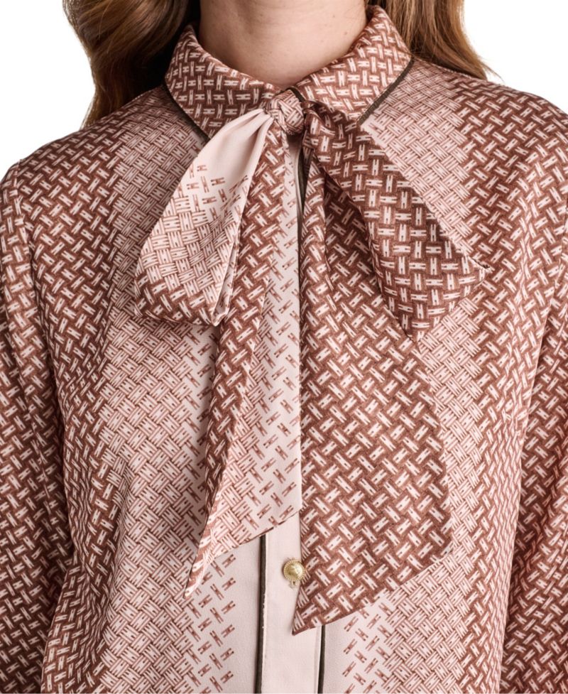 Women's Geometric Print Tie-Neck Long-Sleeve Drop-Waist Dress