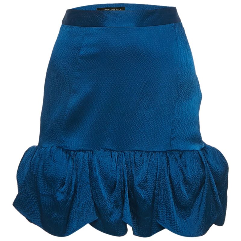 Women's Blue Textured Silk Ruffled Mini Skirt