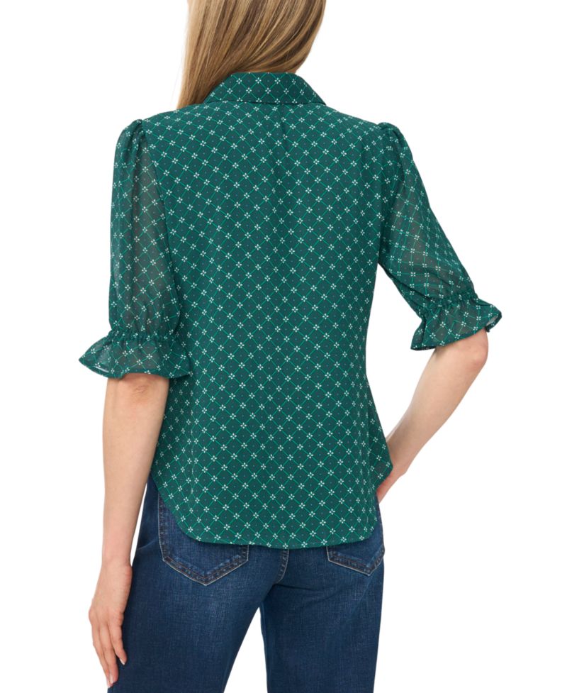 Women's Short-Sleeve Smocked Cuff Geometric-Print Button-Down Shirt