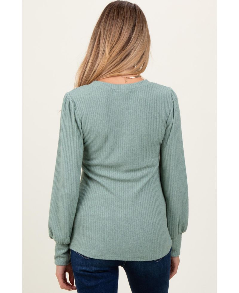Women's Light Olive Ribbed Knit V-Neck Button Cuff Top