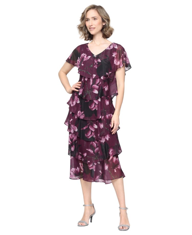 Women's Floral-Print Tiered V-Neck Dress