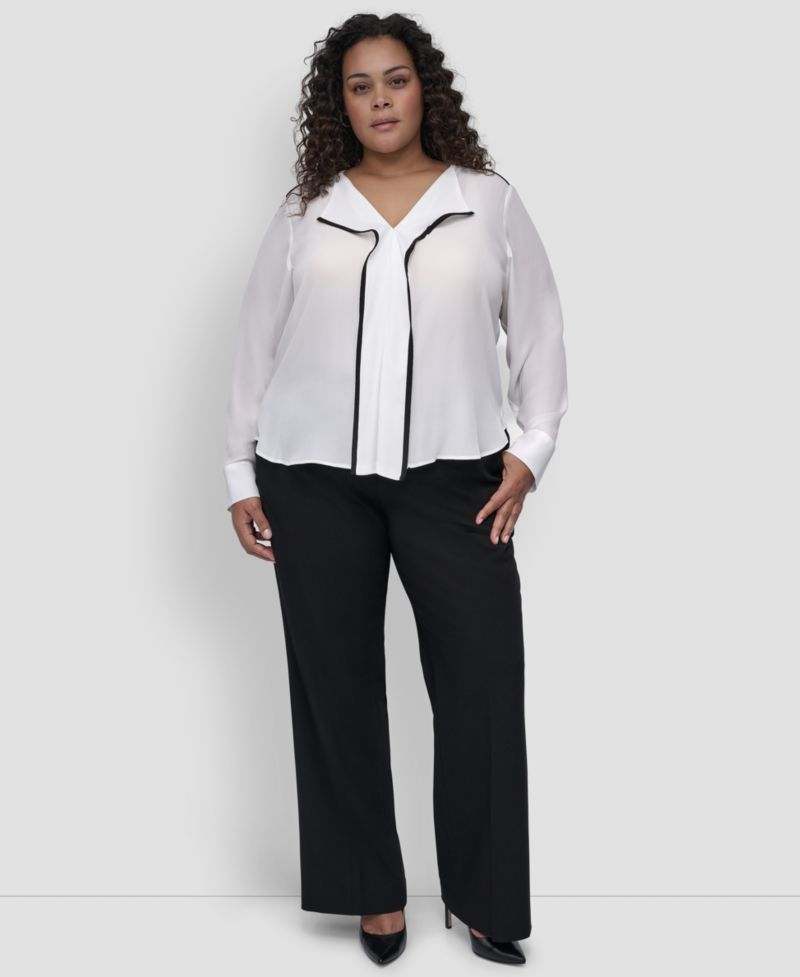 Plus Size Contrast-Trim Long-Sleeve Blouse