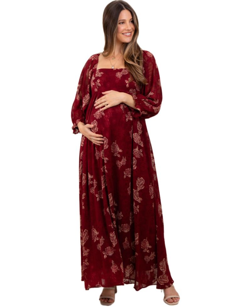 Women's Burgundy Multi Floral Textured Peasant Babydoll Maxi Dress