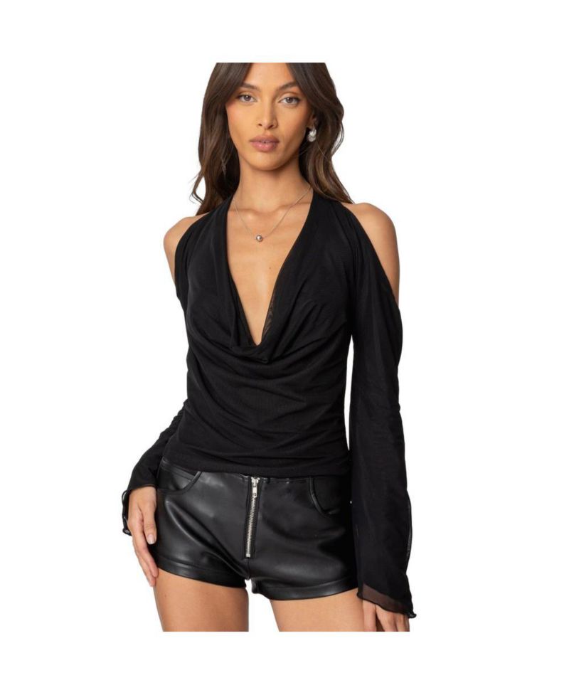 Women's Open Shoulder Cowl Neck Top