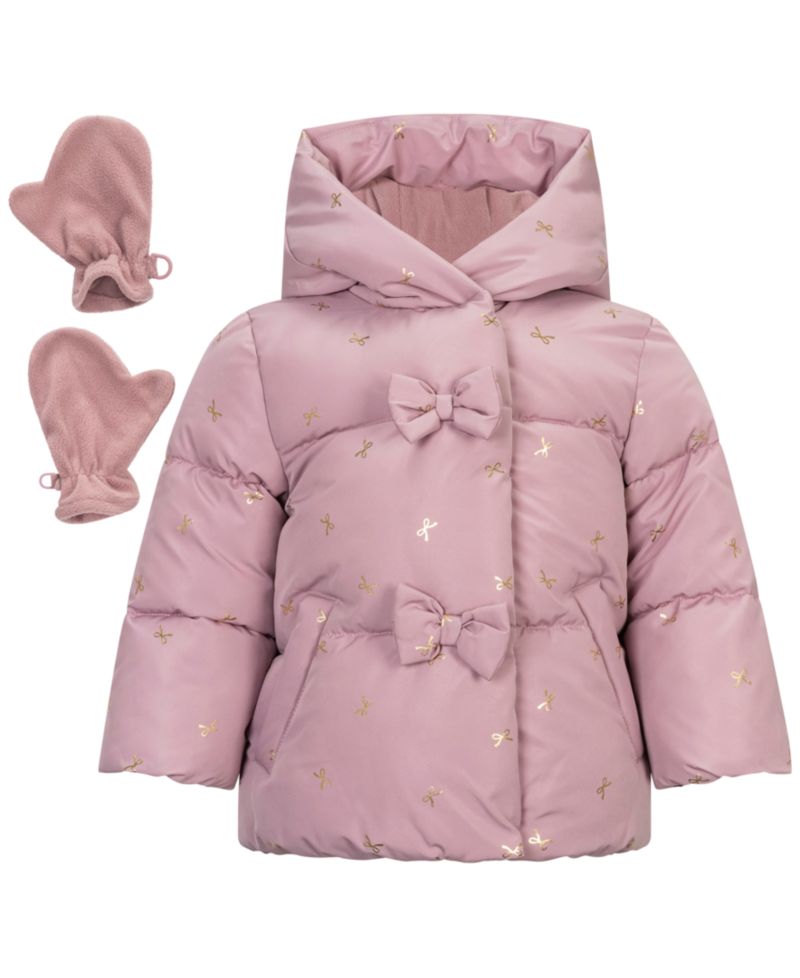 Baby Girls' Hooded Foil-Print Fleece-Lined Puffer Jacket and Mittens, 2-Piece Set