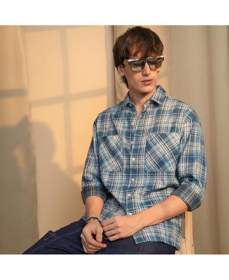 Men's Steel Blue Tartan Plaid Shirt