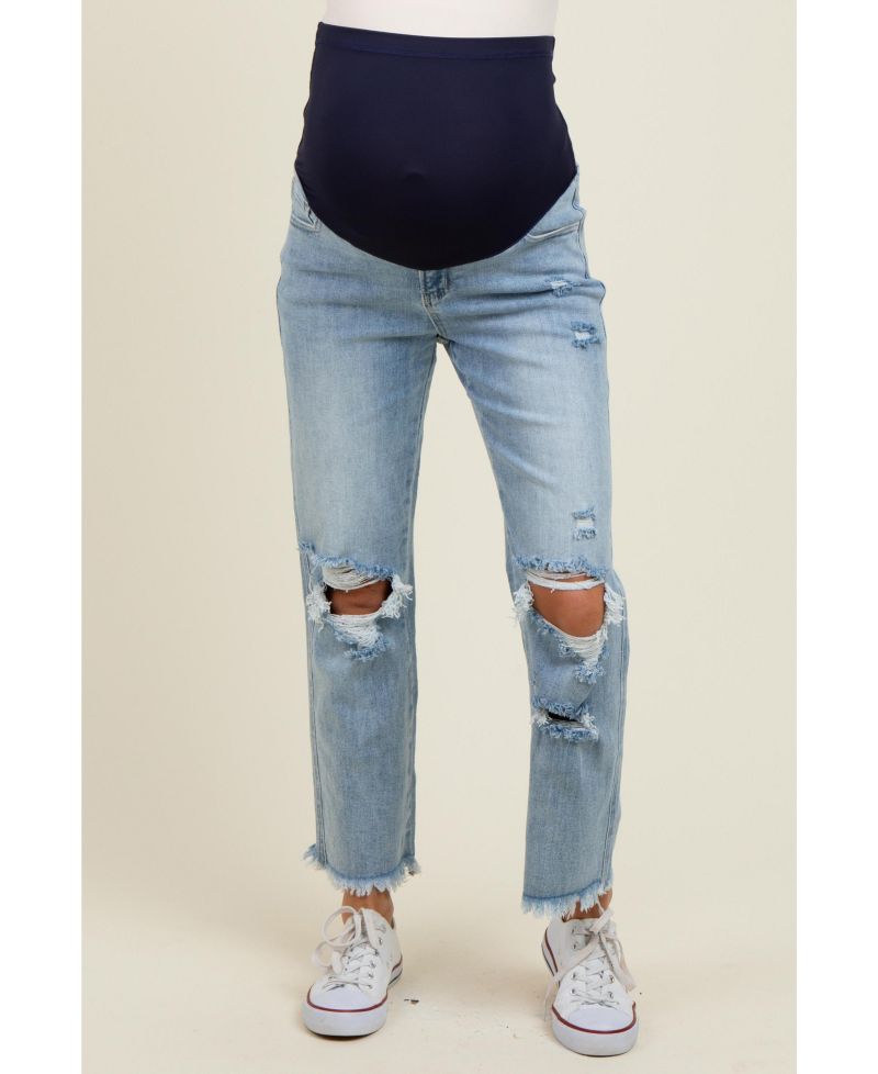 Women's Light Blue Ripped Knee Fringe Hem Straight Leg Ankle Jeans
