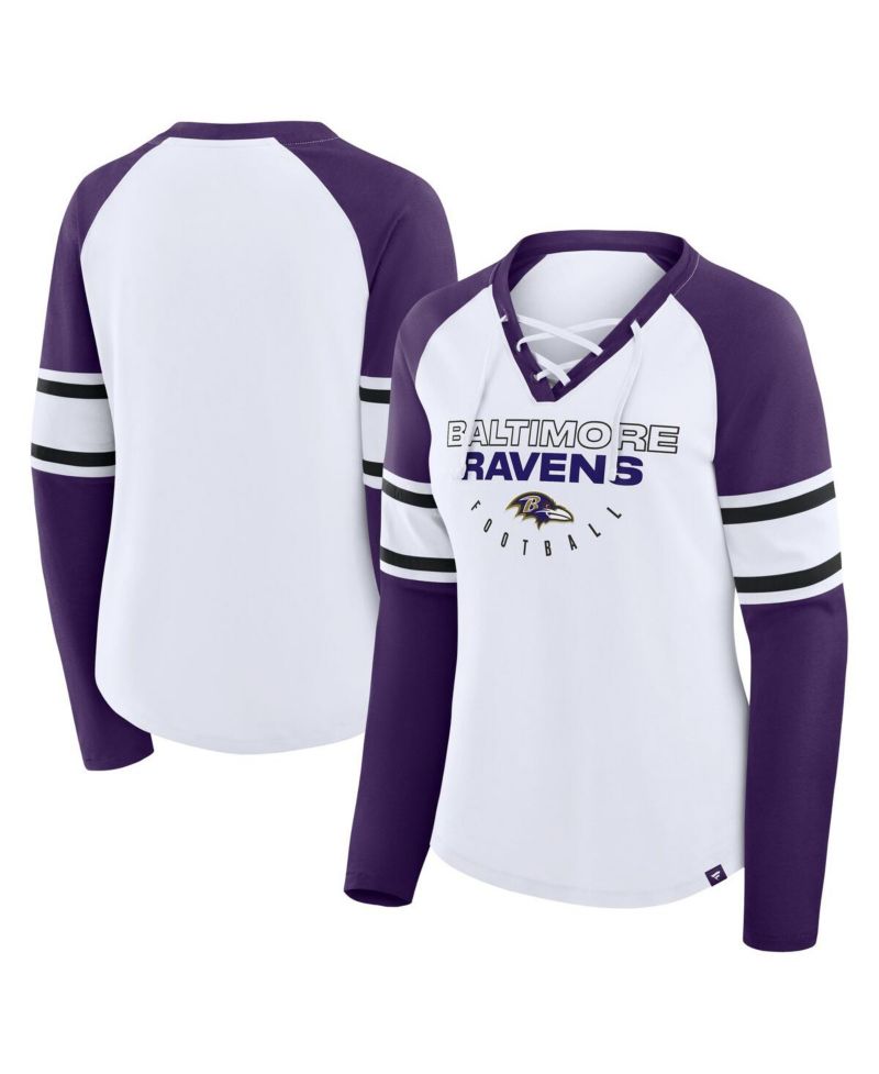 Women's White/Purple Baltimore Ravens Redzone Blitz Package Raglan Lace-Up V-Neck Long Sleeve T-Shirt