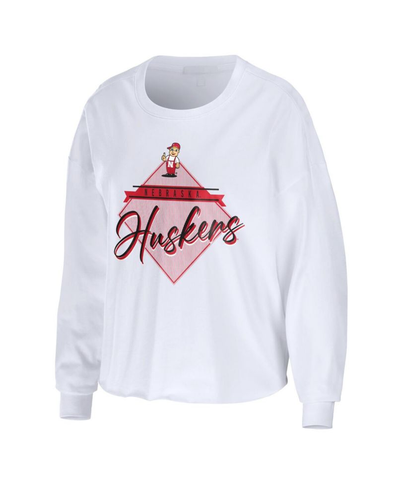 Women's White Nebraska Huskers Diamond Long Sleeve Cropped T-shirt