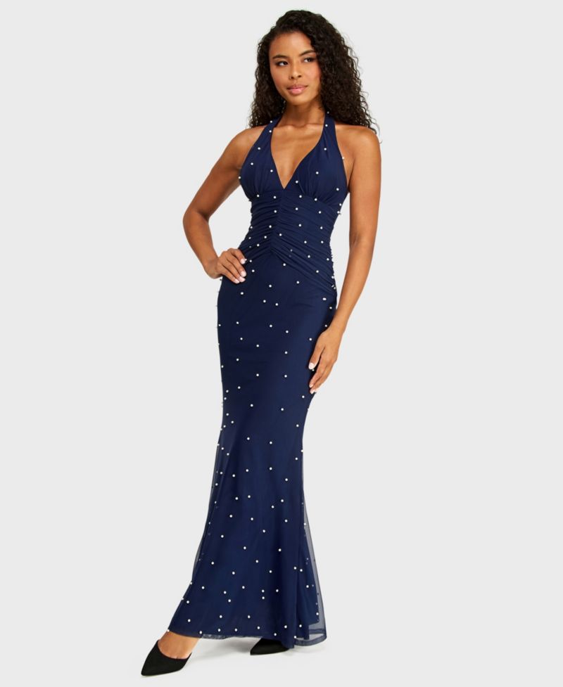 Juniors' Halter Mesh and Imitation Pearl Gown with Ruched Bodice
