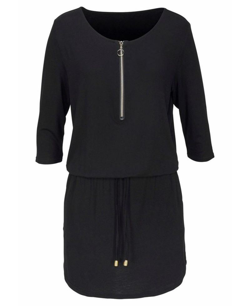 Women's 3/4-Sleeve Zipper-Detail Mini Viscose-Blend Dress