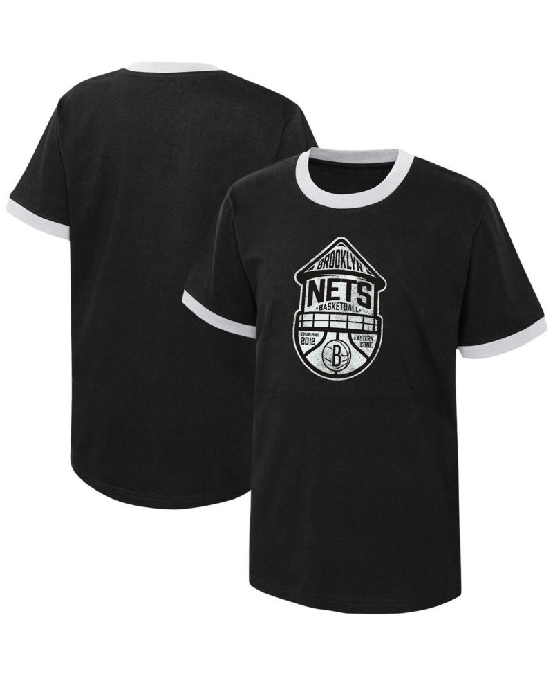 Big Boys Black Distressed Brooklyn Nets Hoop City Hometown Ringer T-shirt