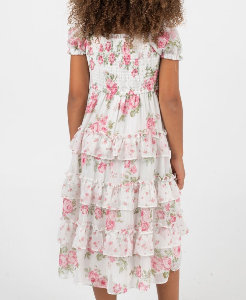 Girls' 2T-6X Twin Print Floral Chiffon Smocked Puff Sleeve Dress