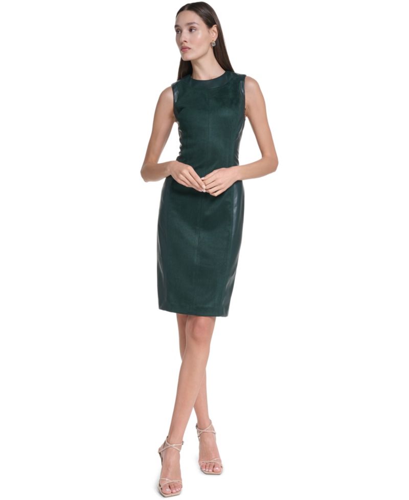 Women's Sleeveless Suede & Faux Leather Panel Sheath Dress