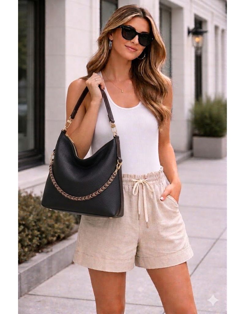Riva Leather Convertible Hobo Bag Shoulder and Crossbody with Chain Detail
