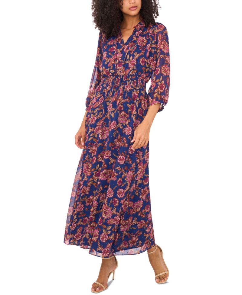 Women's Printed Tie-Neck Puff-Sleeve Maxi Dress