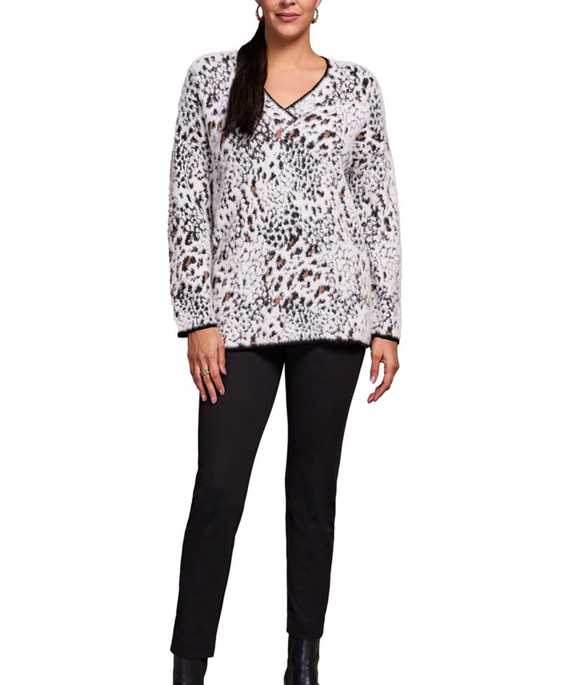 Women's Fuzzy Animal Print Long-Sleeve V-Neck Sweater