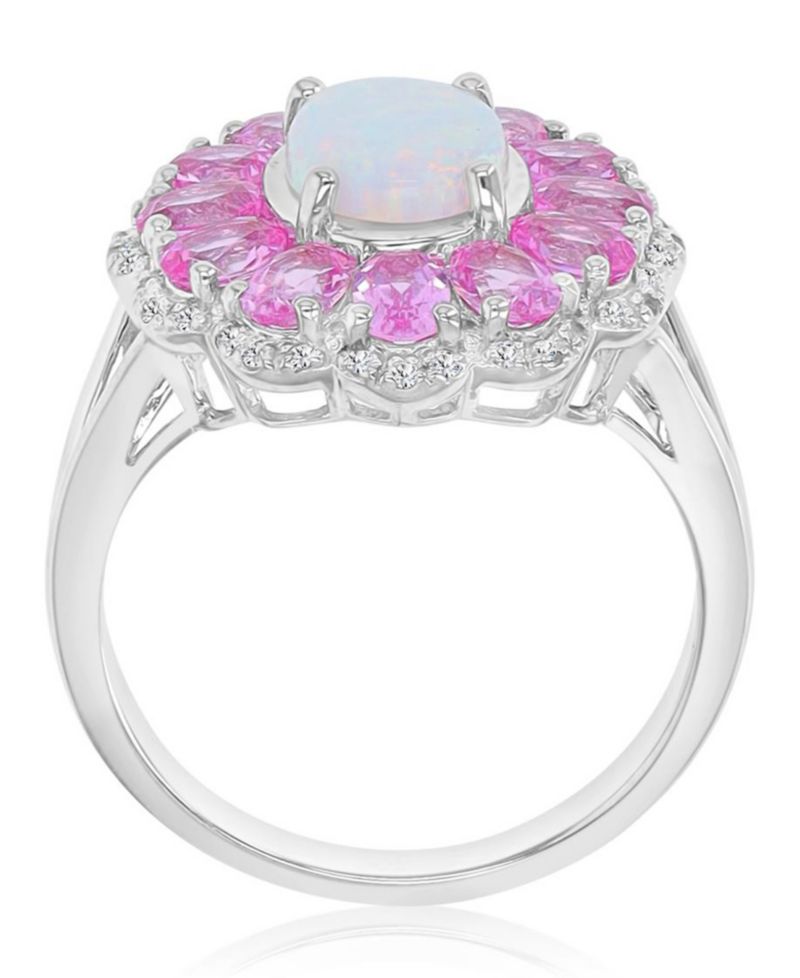 Opal & Sapphire (0.29 ct. t.w.) Flower Ring in Rhodium Over Sterling Silver