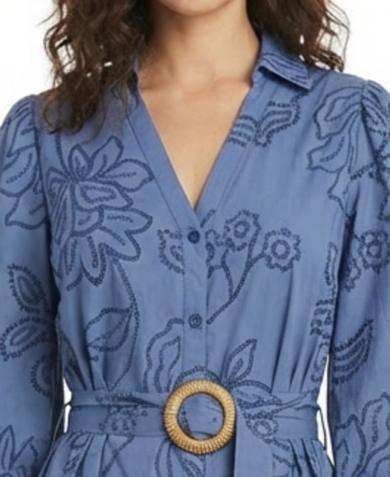 Petite Belted Embroidered Collared Shirt Dress