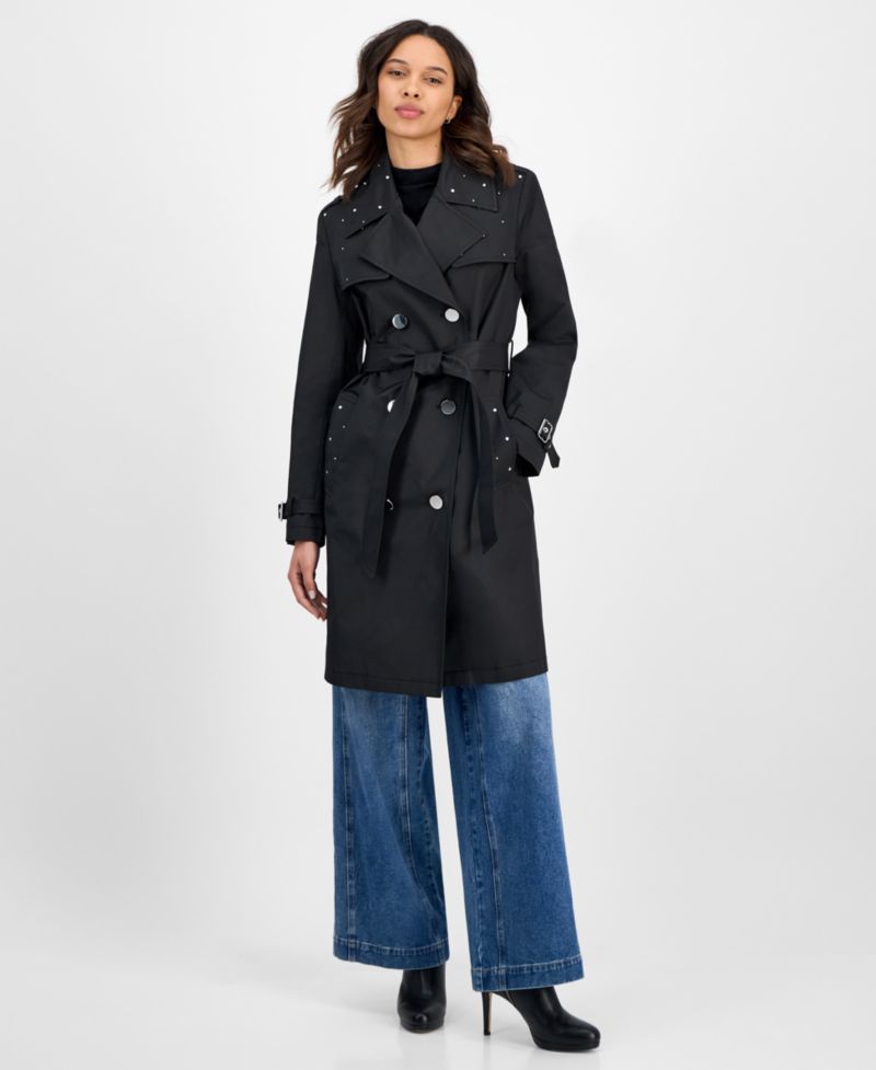 Women's Double-Breasted Studded Belted Trench Coat
