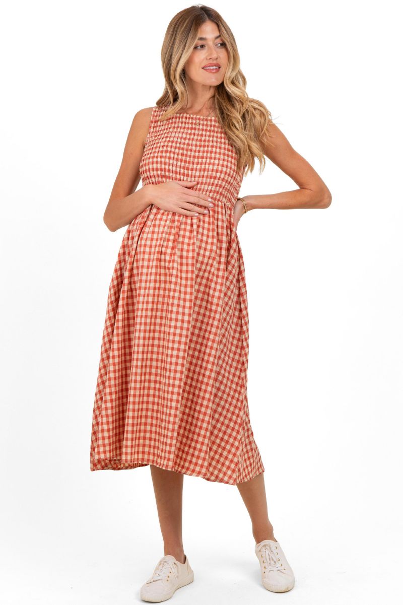 Women's Red Gingham Smocked Sleeveless Midi Dress