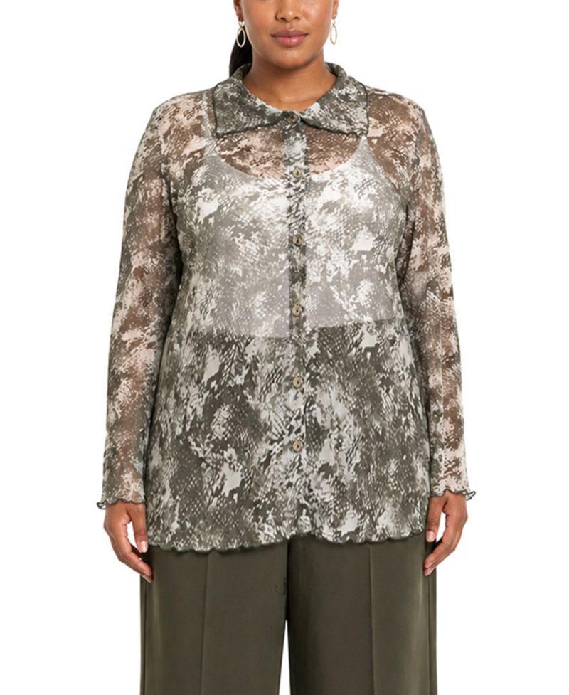 Plus Size Python Mesh Button-Front Shirt