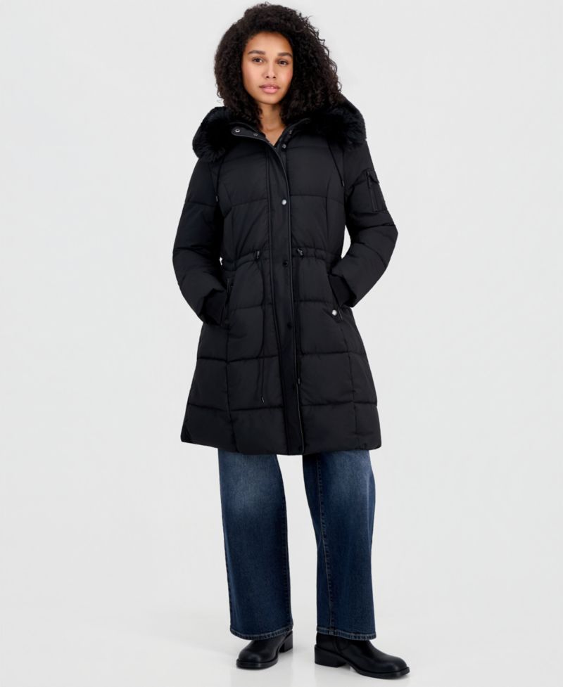 Women's Hooded Drawcord-Waist Puffer Coat